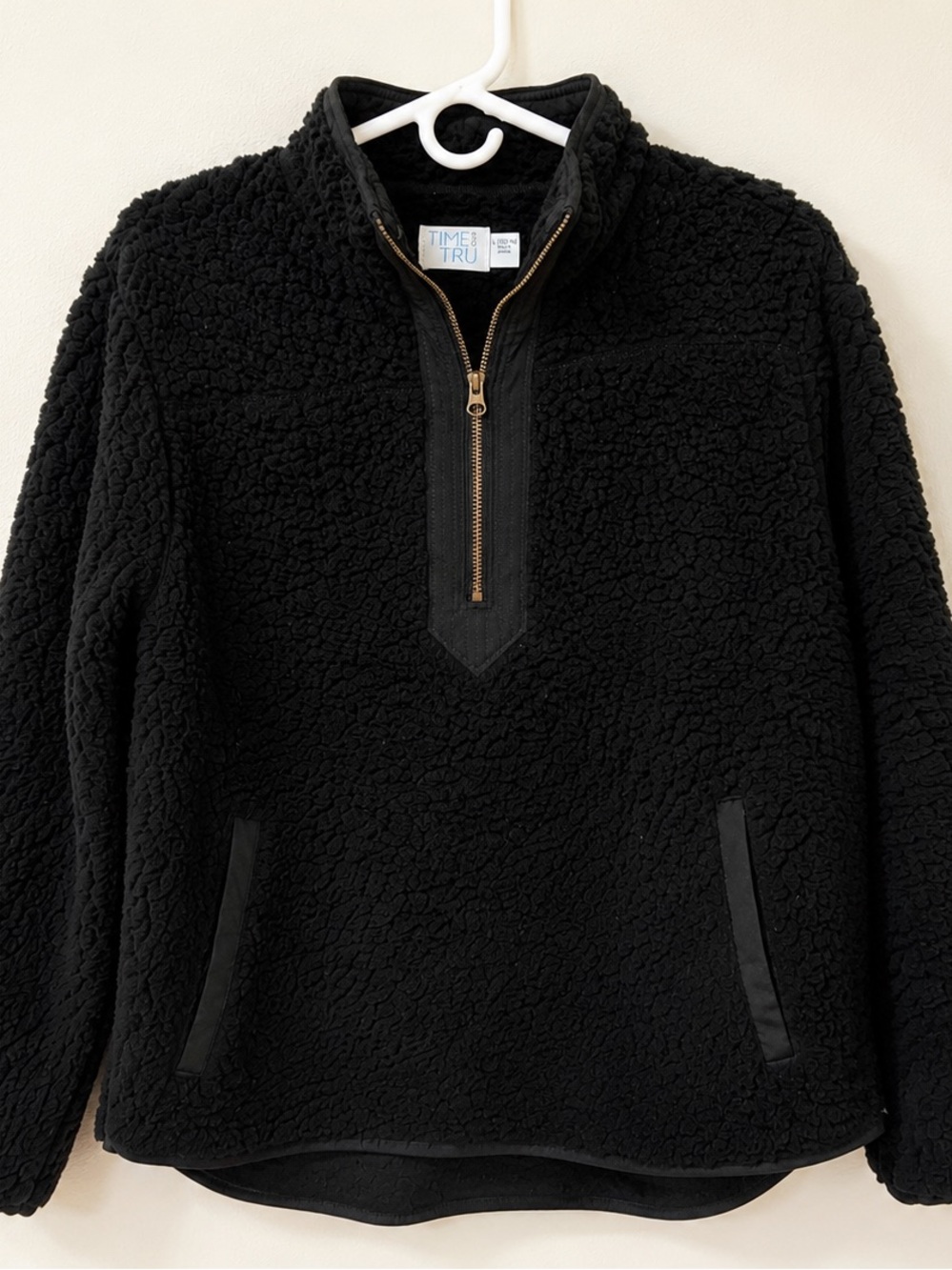 Time and Tru Unisex Black Sherpa Quarter-Zip Pullover